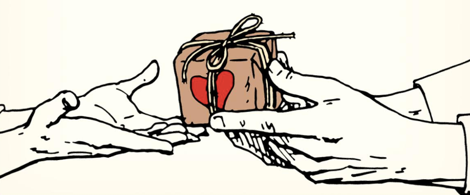 Two hands exchanging a romantic gift.